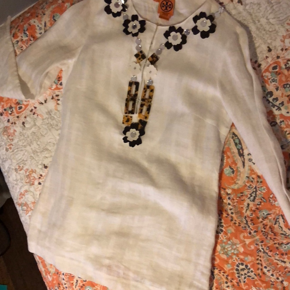 Tory Burch Cream Floral Appliqué Linen Tunic